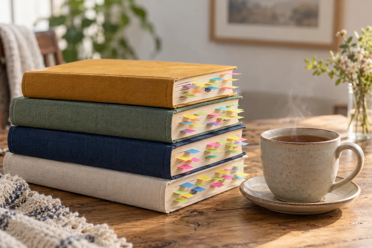 Pile de livres aux tranches hérissées d&rsquo;onglets de lecture colorés près d&rsquo;une tasse