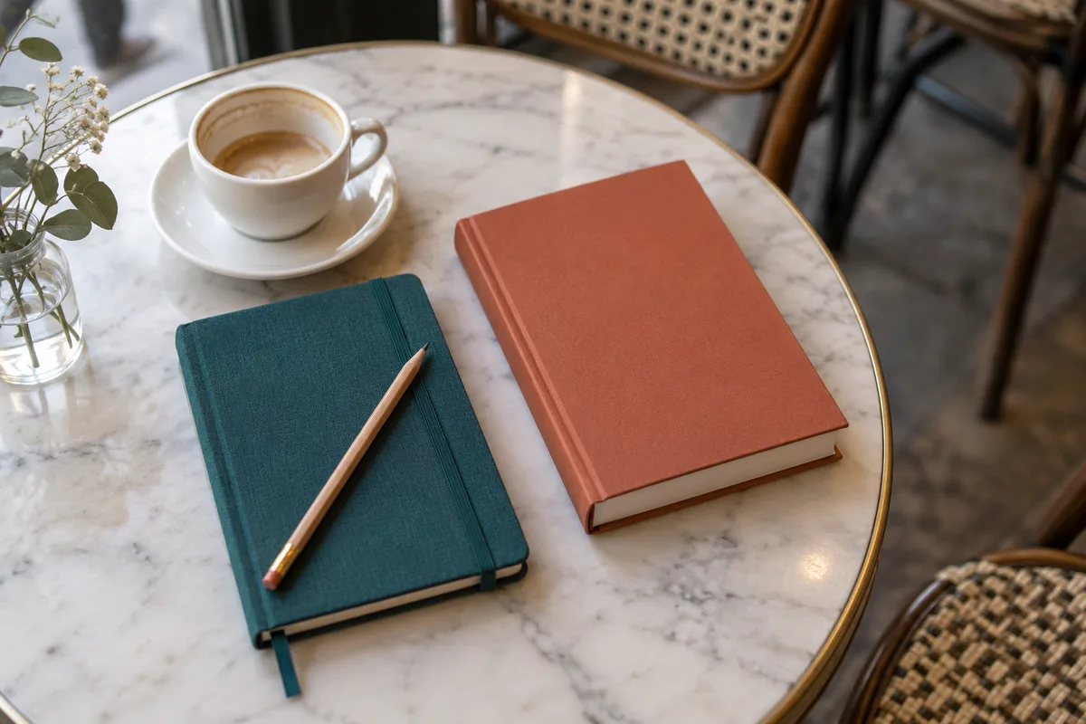 Carnet relié posé à côté d&rsquo;un livre fermé sur une table de café