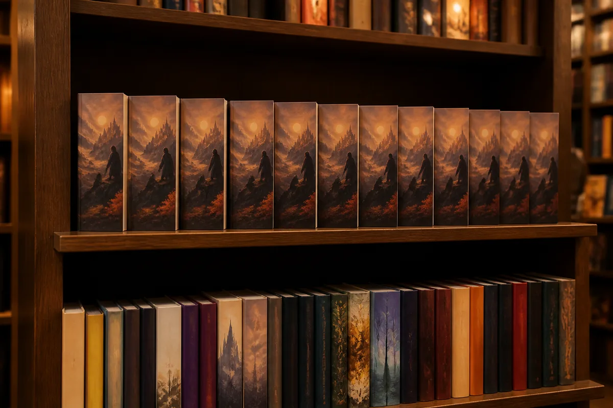 Étagère de librairie où une même couverture de roman est présentée en plusieurs exemplaires alignés