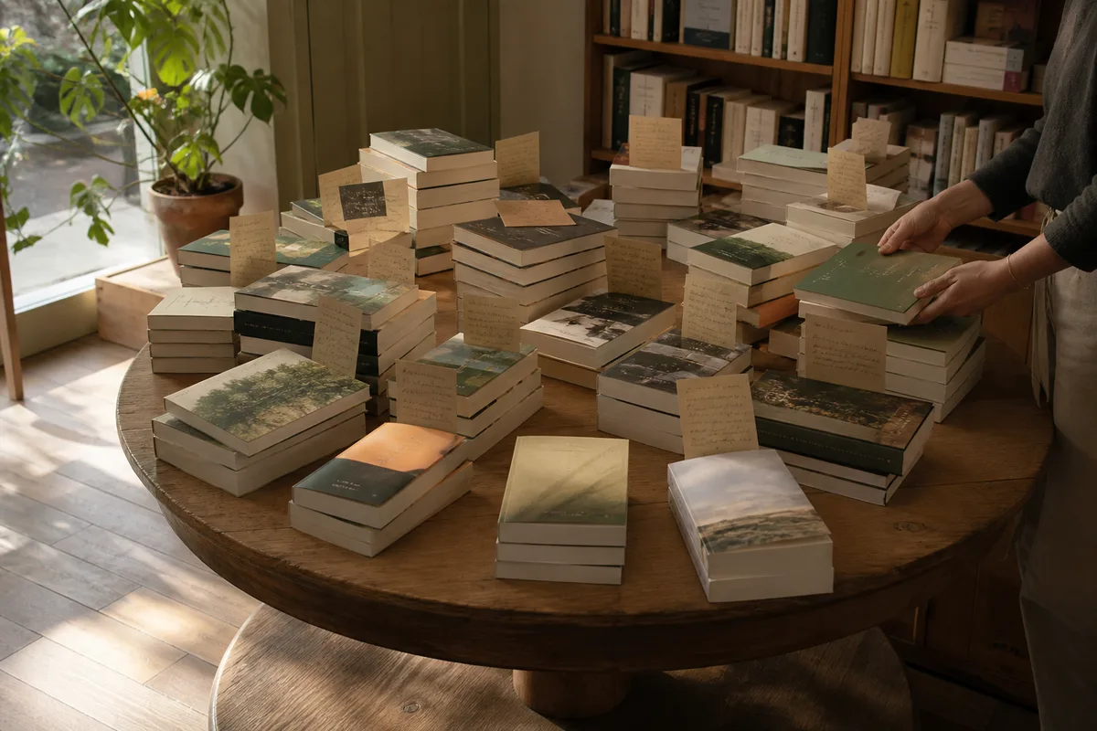 Table de présentation en librairie avec piles de romans et petites étiquettes manuscrites