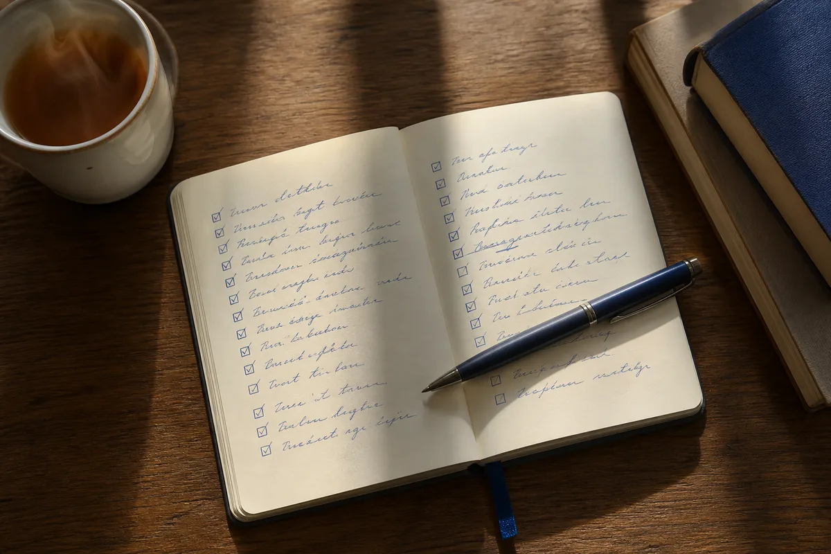 Carnet de lecture ouvert avec liste manuscrite de titres et stylo posé sur une couverture