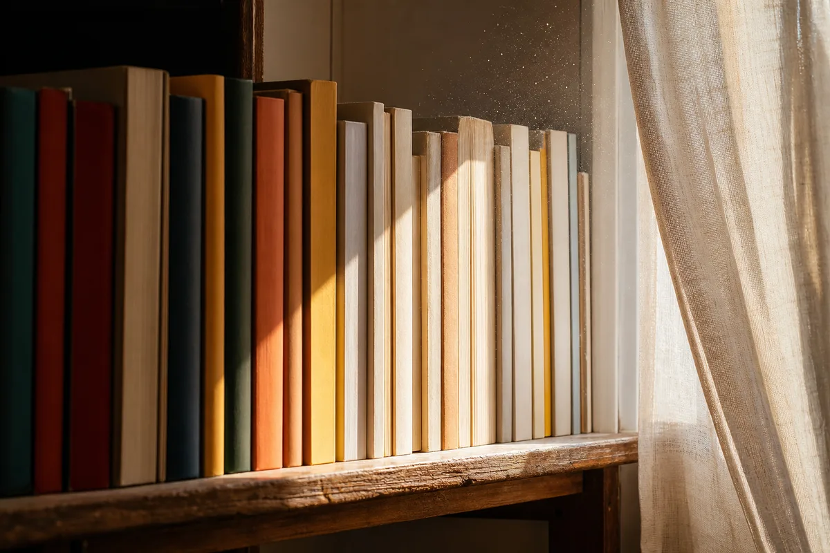 Dos de romans alignés sur une étagère en bois près d’une fenêtre, certains visiblement pâlis par le soleil