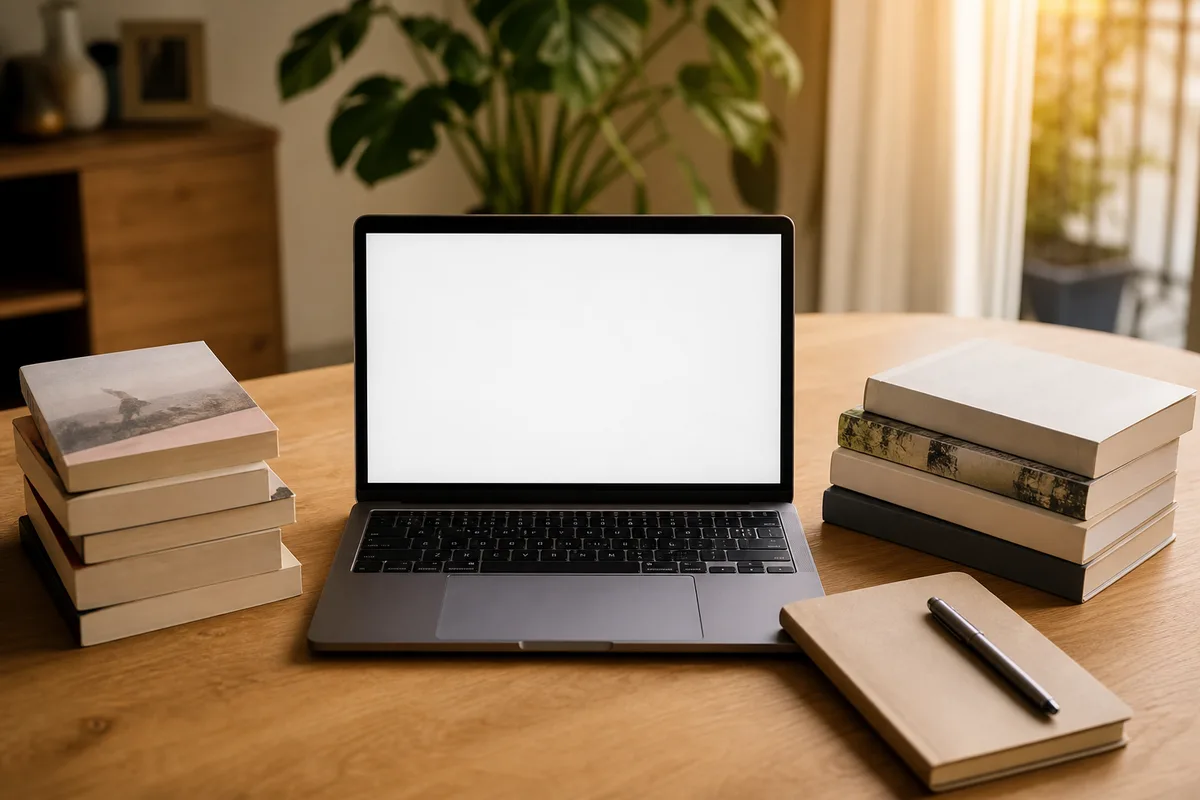 Ordinateur portable ouvert sur un bureau clair entouré de piles de romans, dans un salon en France