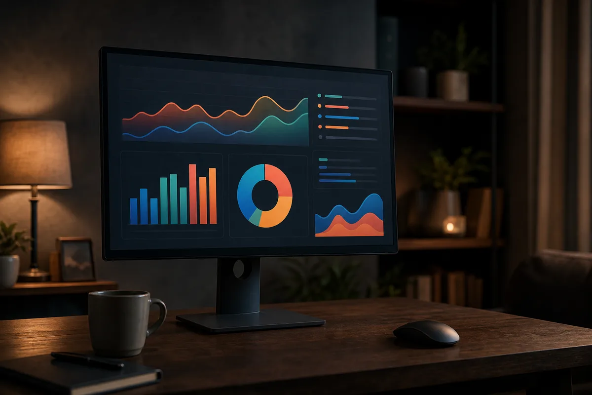 Écran d&rsquo;ordinateur affichant un tableau de bord de statistiques web générique sur une table en bois