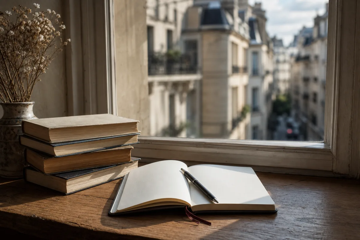 Livres empilés à côté d&rsquo;un carnet et d&rsquo;un stylo près d&rsquo;une fenêtre lumineuse