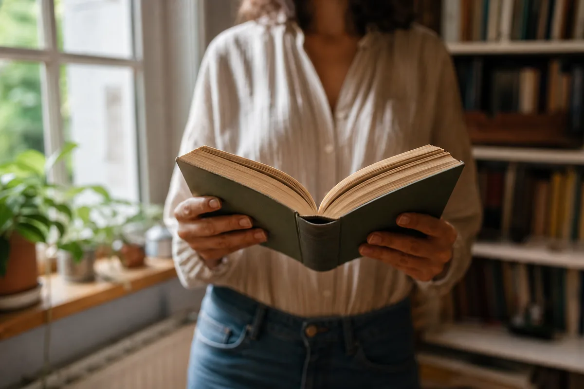 Femme lisant un livre à voix haute dans un salon chaleureux à la lumière ambrée