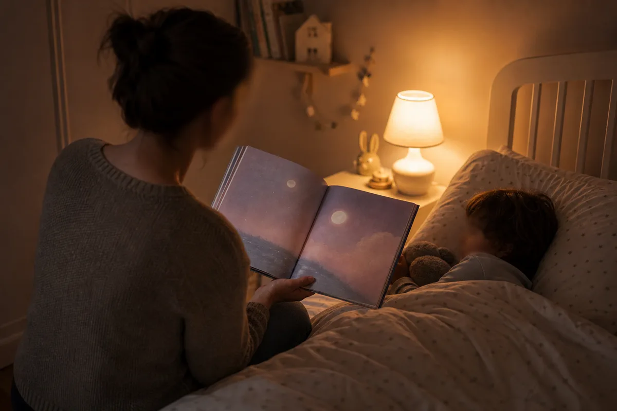 Parent lisant une histoire du soir à son enfant blotti sous la couette