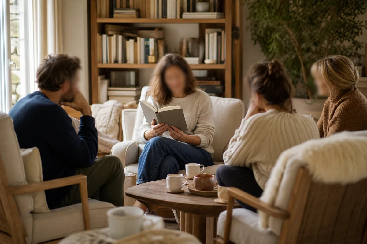Petit groupe assis en cercle écoutant une lectrice lire un livre à voix haute