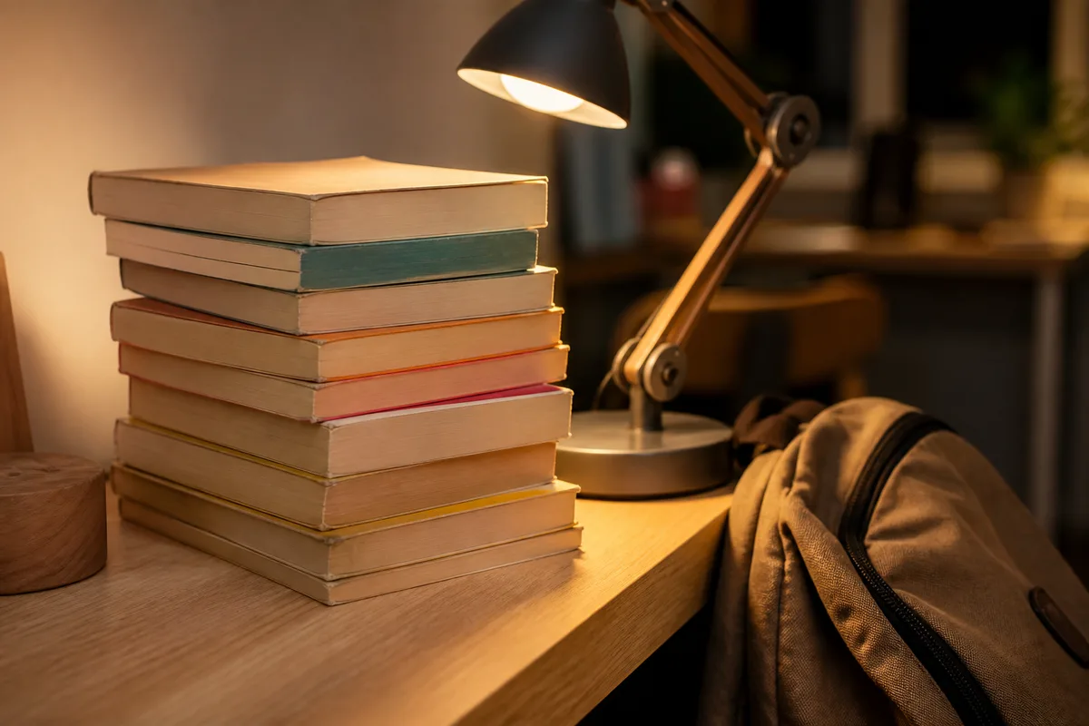 Pile de romans de fantasy en format poche posée sur un bureau d&rsquo;adolescent