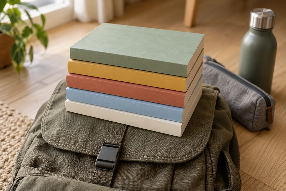 Pile de livres minces aux tranches unies posée sur un sac à dos d&rsquo;écolier