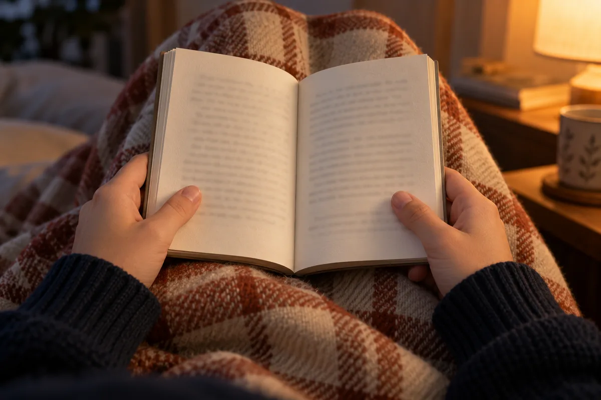 Mains tenant un recueil de nouvelles ouvert dont les pages restent floues