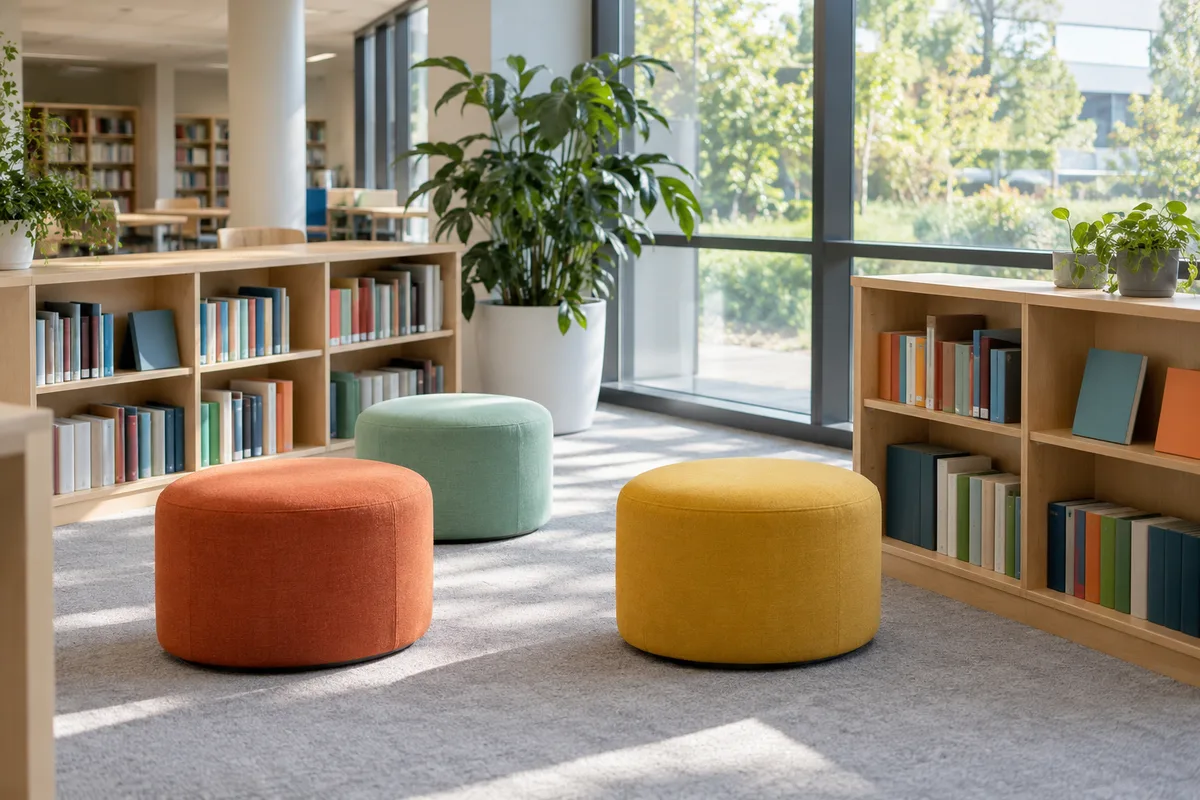 Coin lecture de CDI avec poufs colorés et étagères basses vu de biais