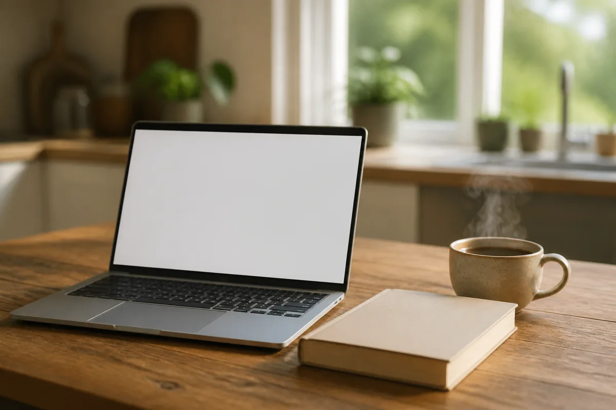 Ordinateur portable ouvert près d’un roman broché sur une table de cuisine, écran affichant une surface claire uniforme