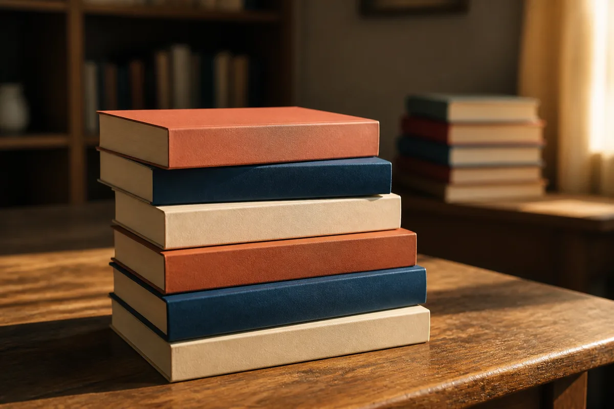 Pile de romans brochés posés sur une table en bois, lumière rasante de fin d’après-midi